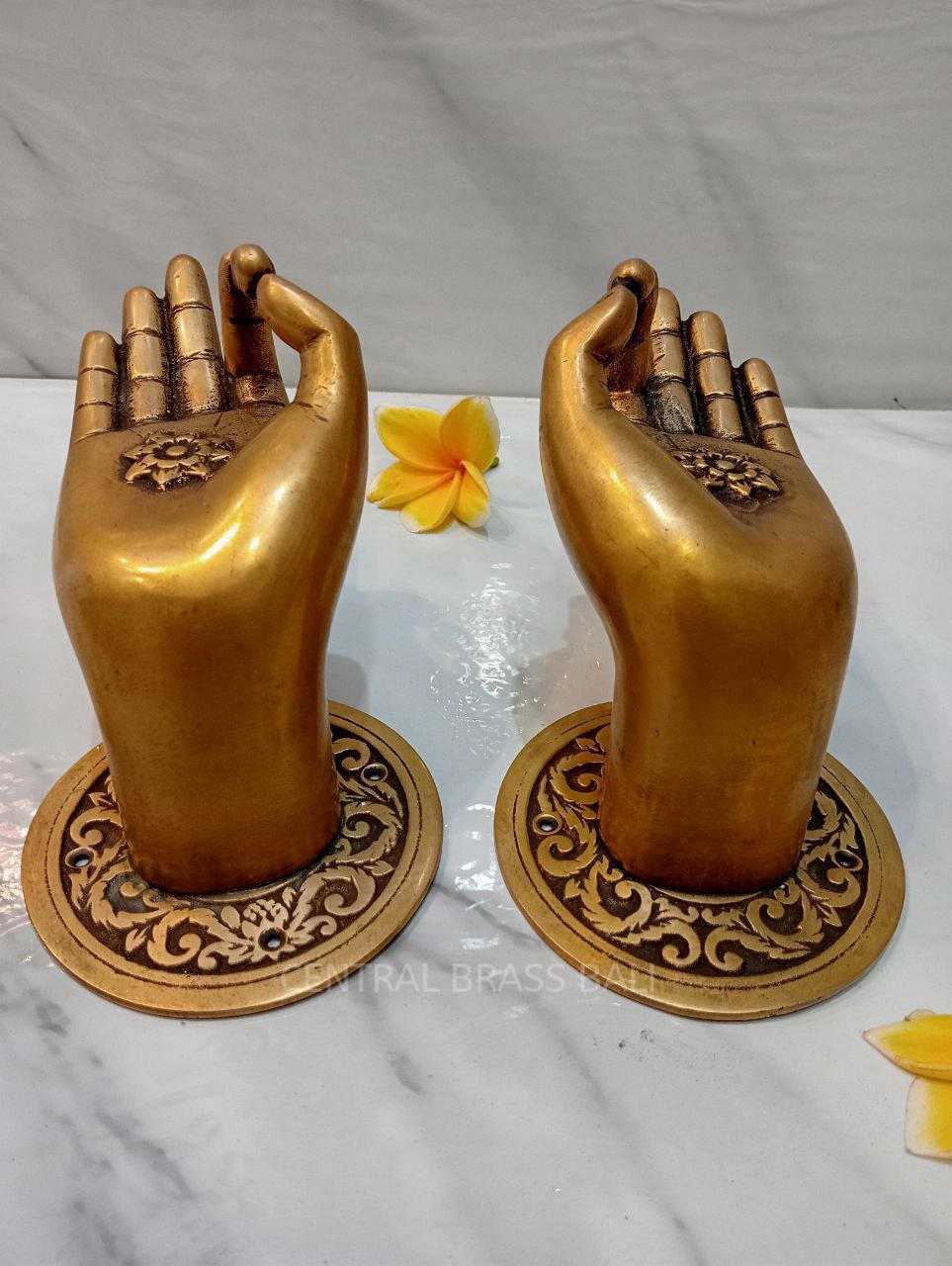 2 Rare Large Beautiful Buddha Gyan Mudra Hand shape hold small ball Handles Aged Brass Patina Knob 10cm back plate Heavy| HAND shaped handle