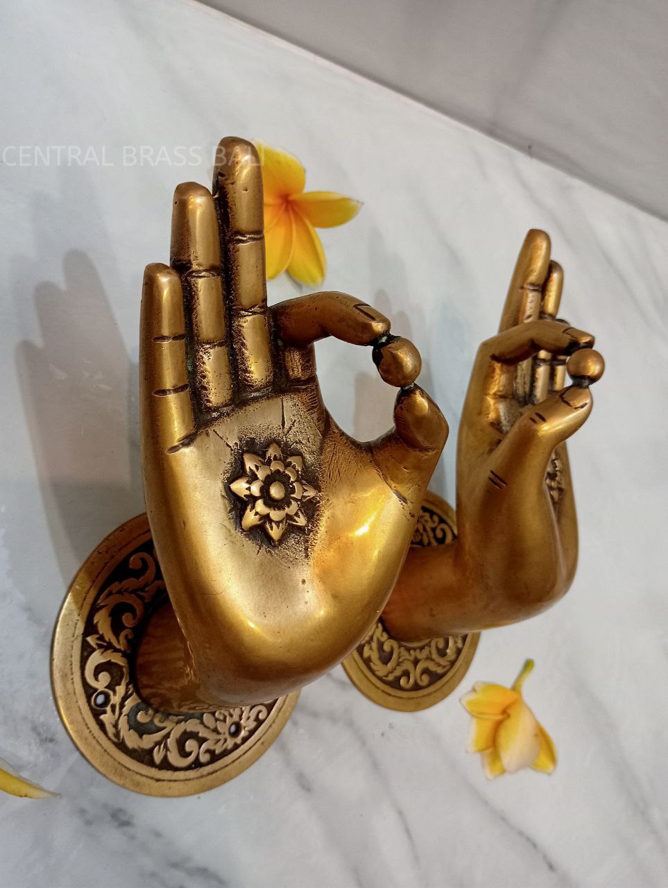 2 Rare Large Beautiful Buddha Gyan Mudra Hand shape hold small ball Handles Aged Brass Patina Knob 10cm back plate Heavy| HAND shaped handle
