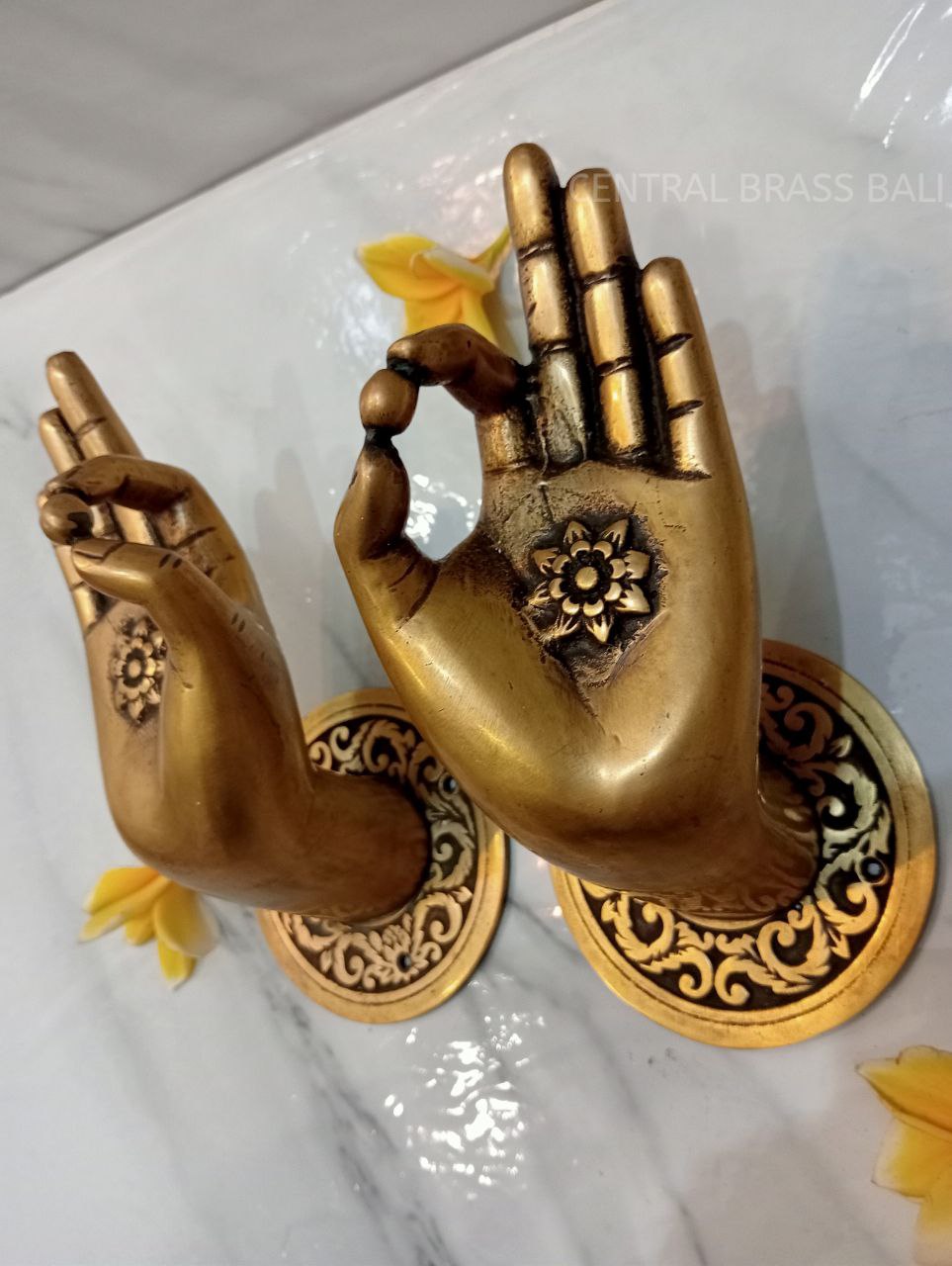 2 Rare Large Beautiful Buddha Gyan Mudra Hand shape hold small ball Handles Aged Brass Patina Knob 10cm back plate Heavy| HAND shaped handle