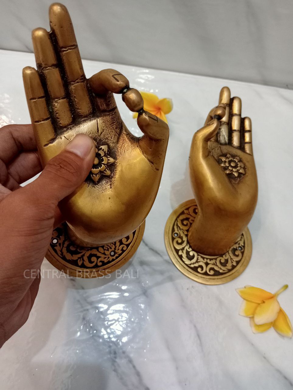 2 Rare Large Beautiful Buddha Gyan Mudra Hand shape hold small ball Handles Aged Brass Patina Knob 10cm back plate Heavy| HAND shaped handle