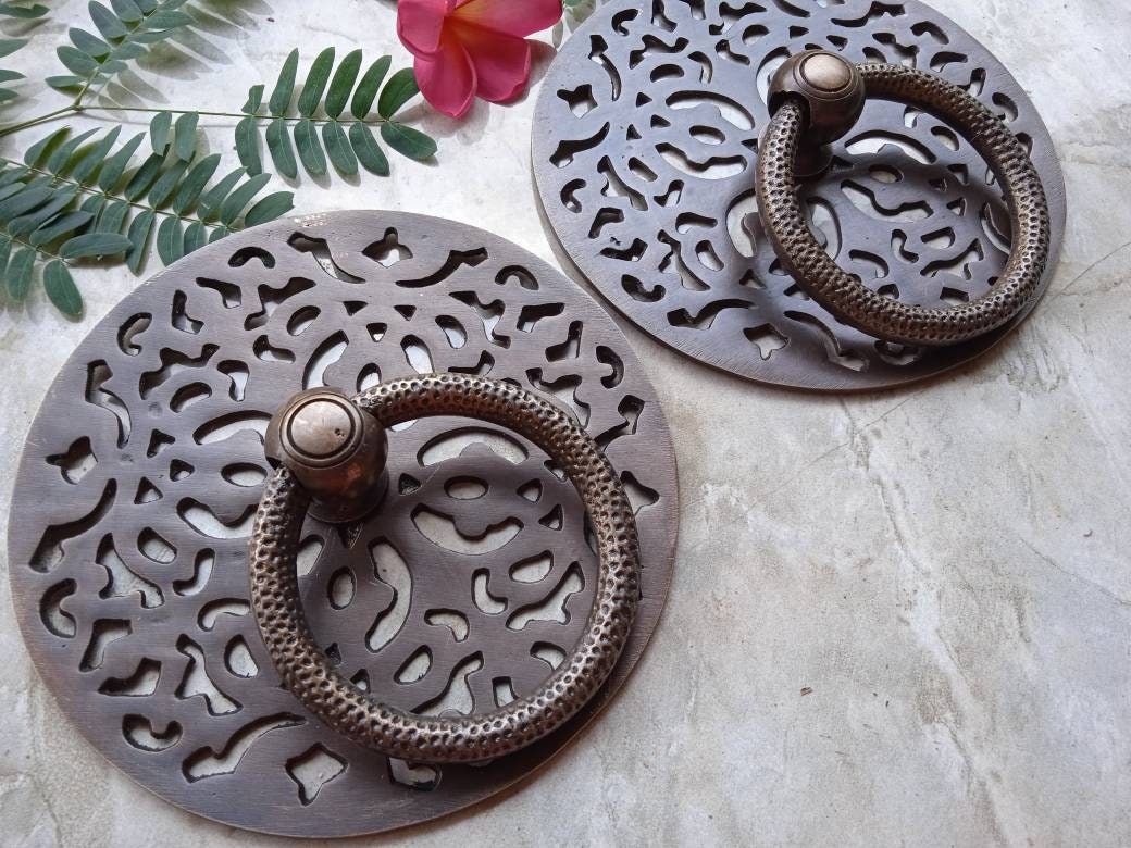Pair Vintage Brass Round Pull Rings, Antique Door Handle Knobs, Circular Cabinet Pulls, Rustic Brass Hardware, 5.51"