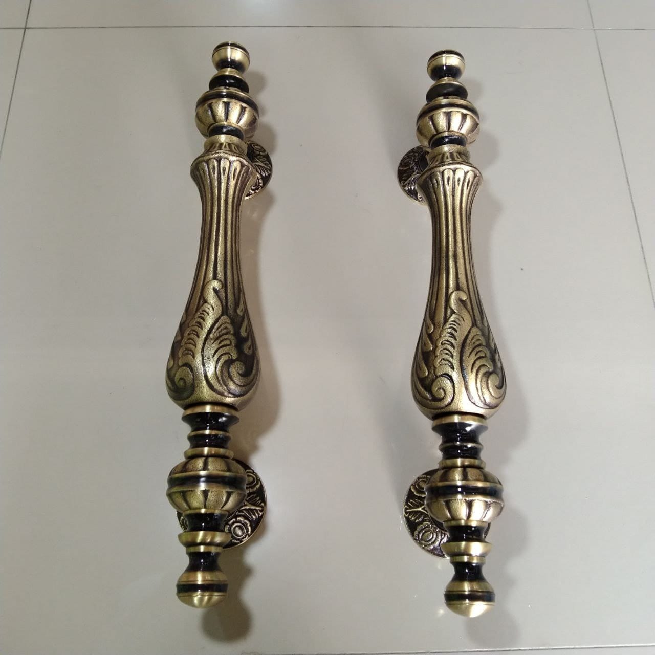 Pair Vintage Solid Brass Vase Door Handles, 18.5" Ornate Entryway Pulls