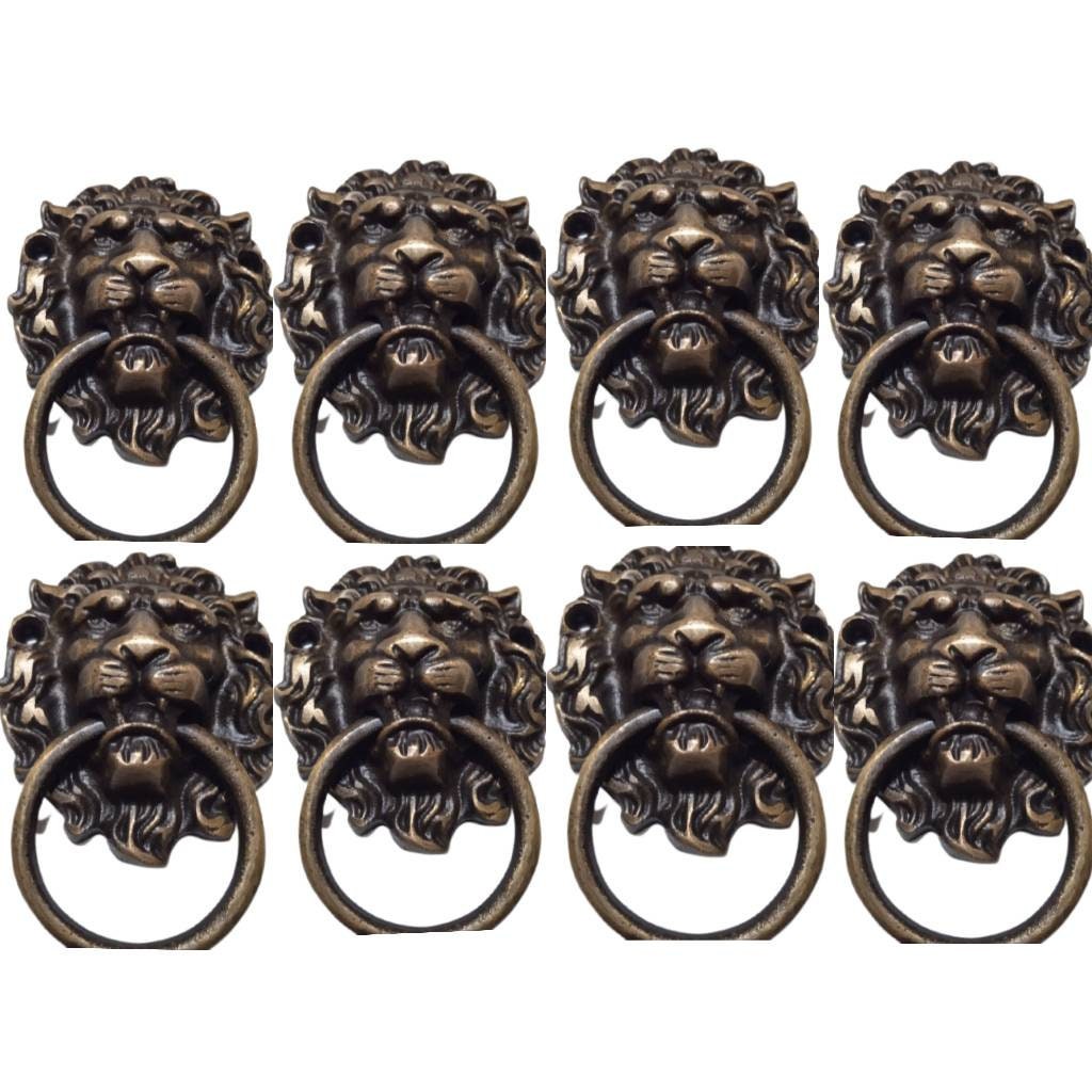 6 Antique Bronze Lion Head Drawer Pulls | Solid Brass, 2" Knobs