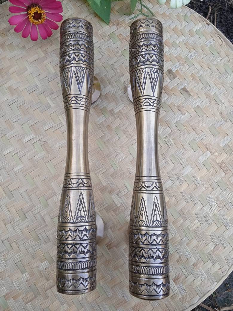 Vintage Egyptian Carved Solid Brass Door Handles | 11.81" Pair