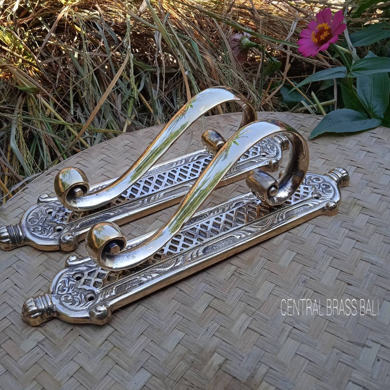 2pcs French Brass Door Pull Handles, Solid Brass Entry Door Hardware, Gold Finish, Vintage European Style, 11.41 Inch