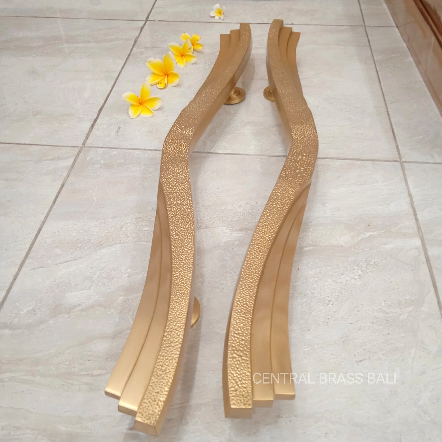 Pair Large Wavy Brass Door Handle, Unique Entry Door Pull (80cm)