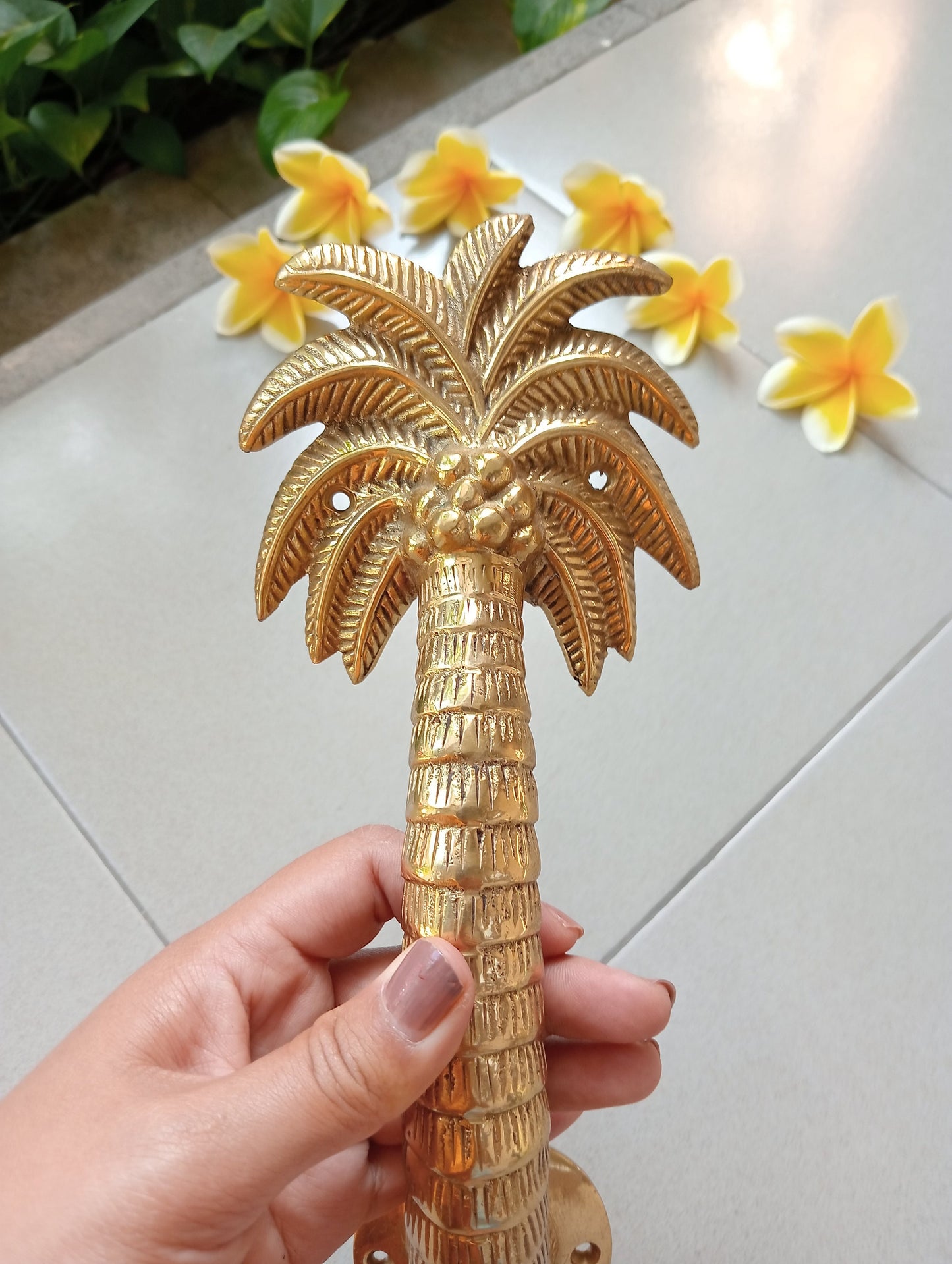 2pcs Palm Tree Solid Brass Door Handles, Tropical Front Entry Door Pulls, Coastal Beach House Hardware Decor (29cm) v2