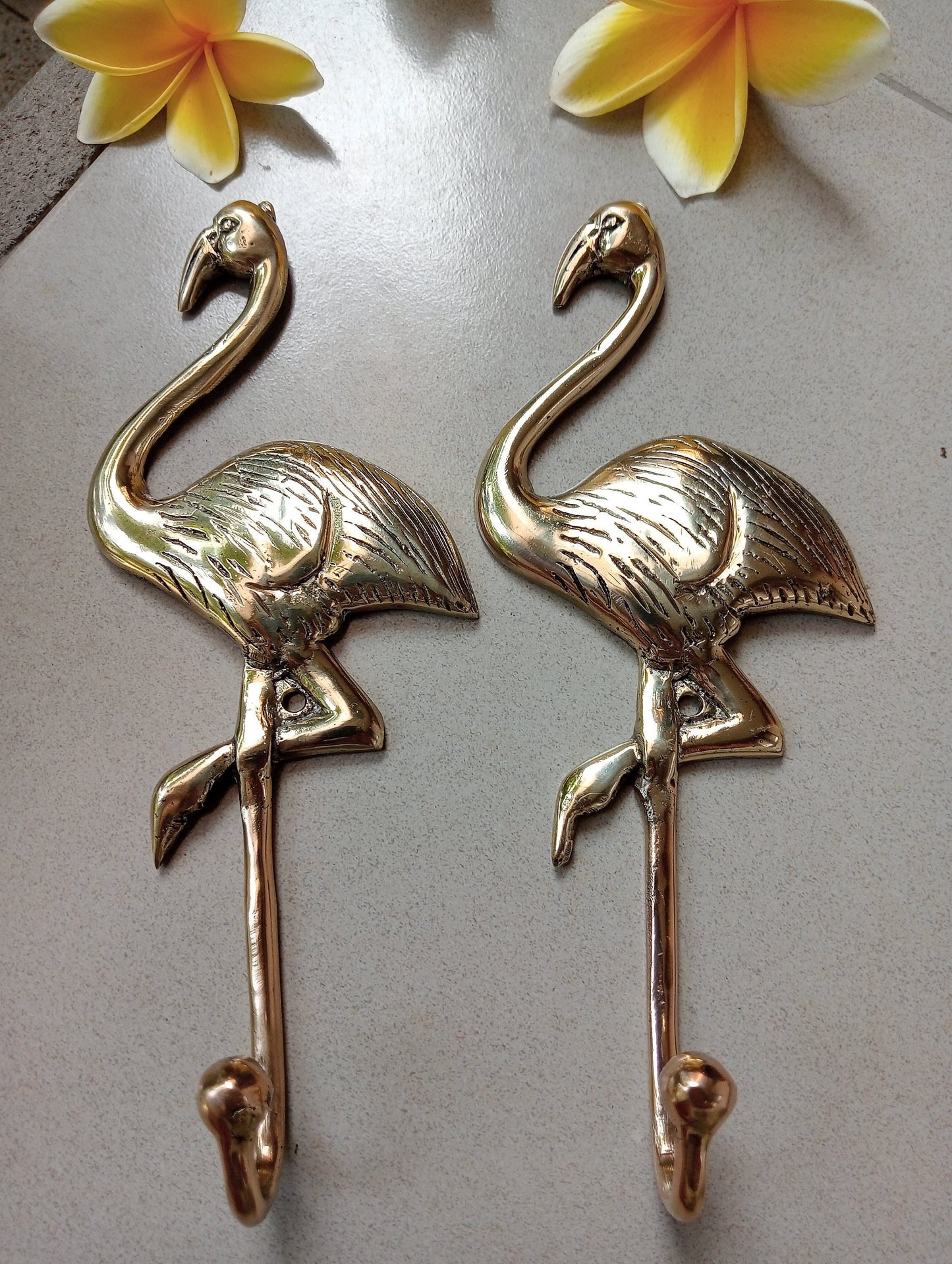 Set of 3 Big Flamingo Brass Wall Hooks, Beach House Decor (8 Inch)