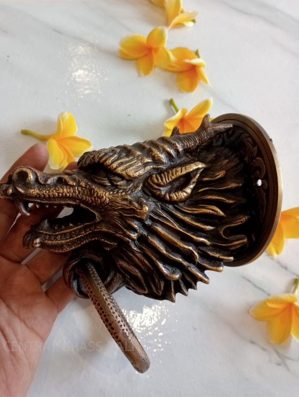 Vintage Solid Brass Dragoon Head Door Knocker, Historic Entryway Accent