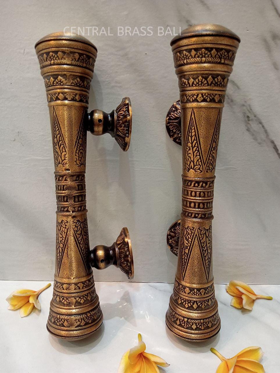 Carved Brass Door Handle Set, Vintage Victorian Style, 12.59"