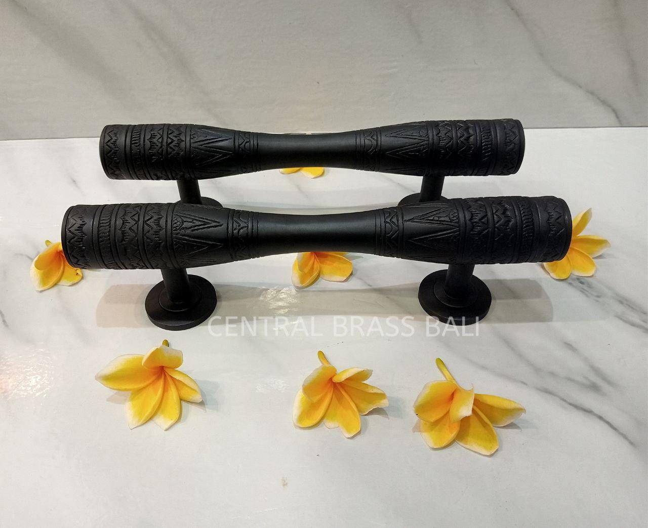 Black Brass Egypt Carved Door Handles | Ornate Main Entry, 11.81" (Pair)