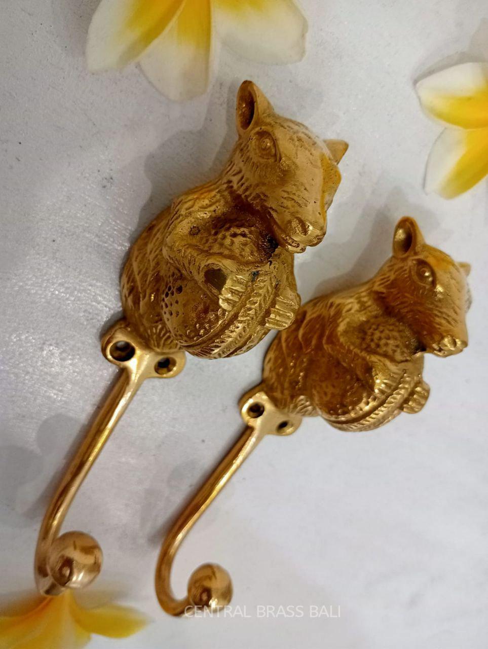 Set of 3 Squirrel Head Brass Wall Hook | Polished Animal Coat Hanger
