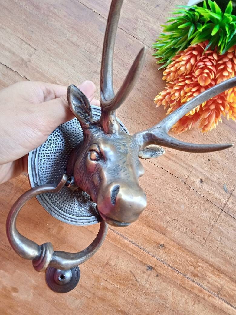 Large Solid Brass Deer Head Door Knocker, Vintage Style