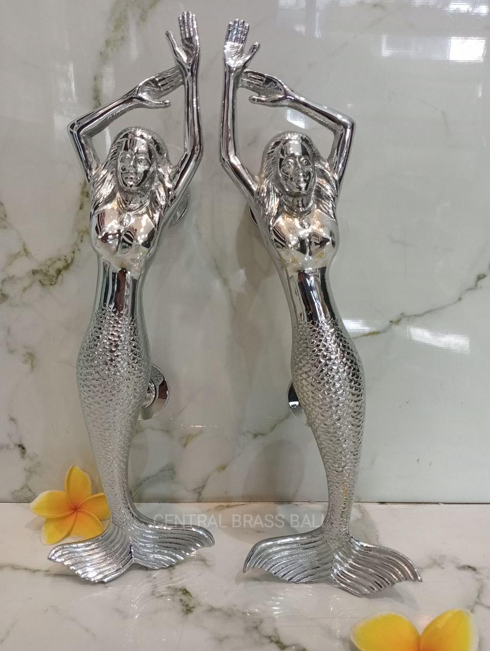 2pcs Silver Brass Mermaid Door Handle | Ocean Inspired Pull Handle for Main Entry Door