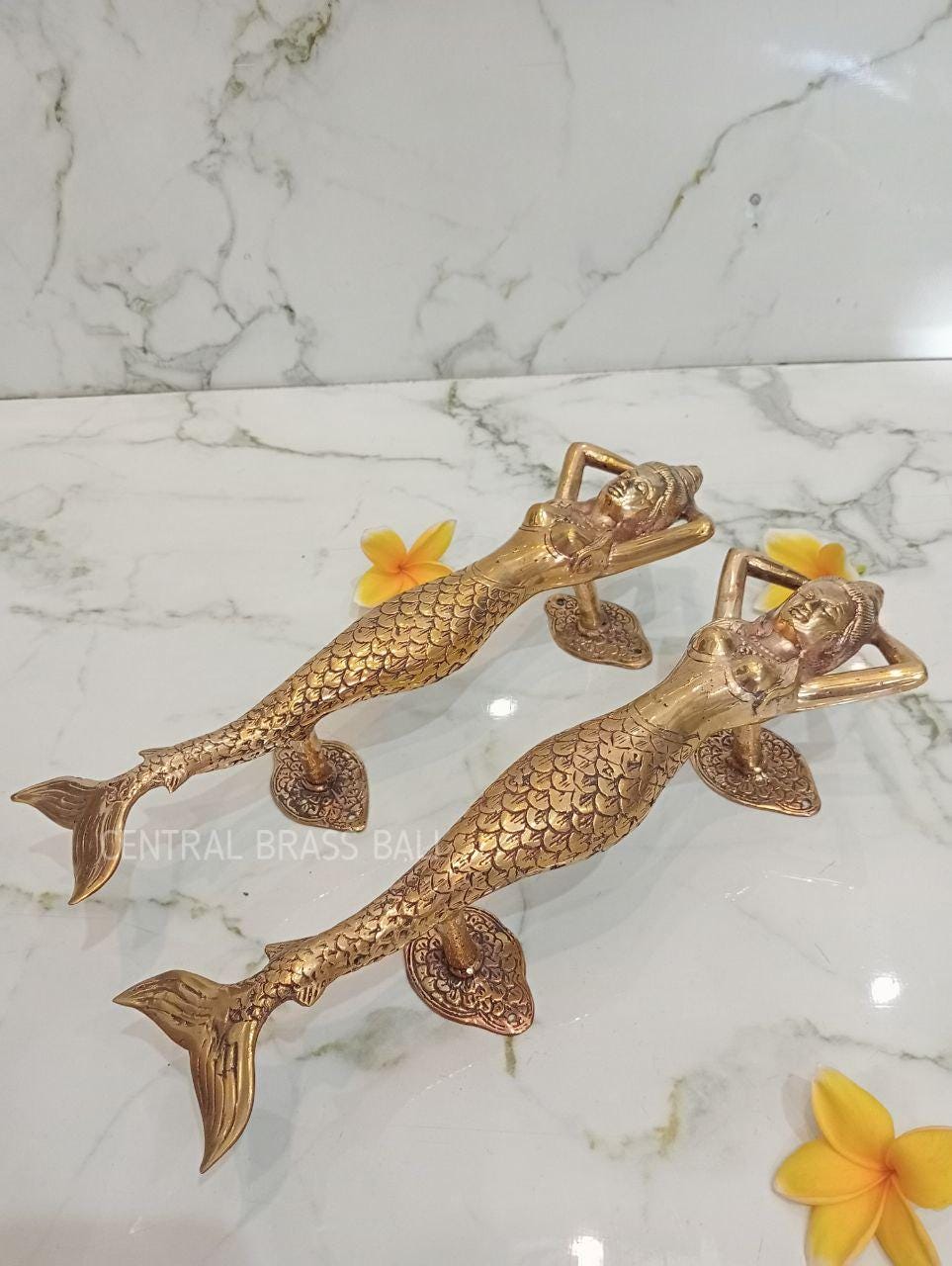 Rustic Brass Mermaid Door Handle, Gold Finish, Coastal Decor (15.35" inches)