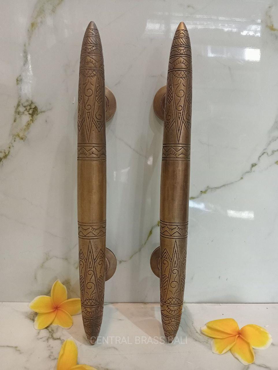 Solid Brass Engraving Door Handle Pulls, Vintage Finish, 37cm (Pair)