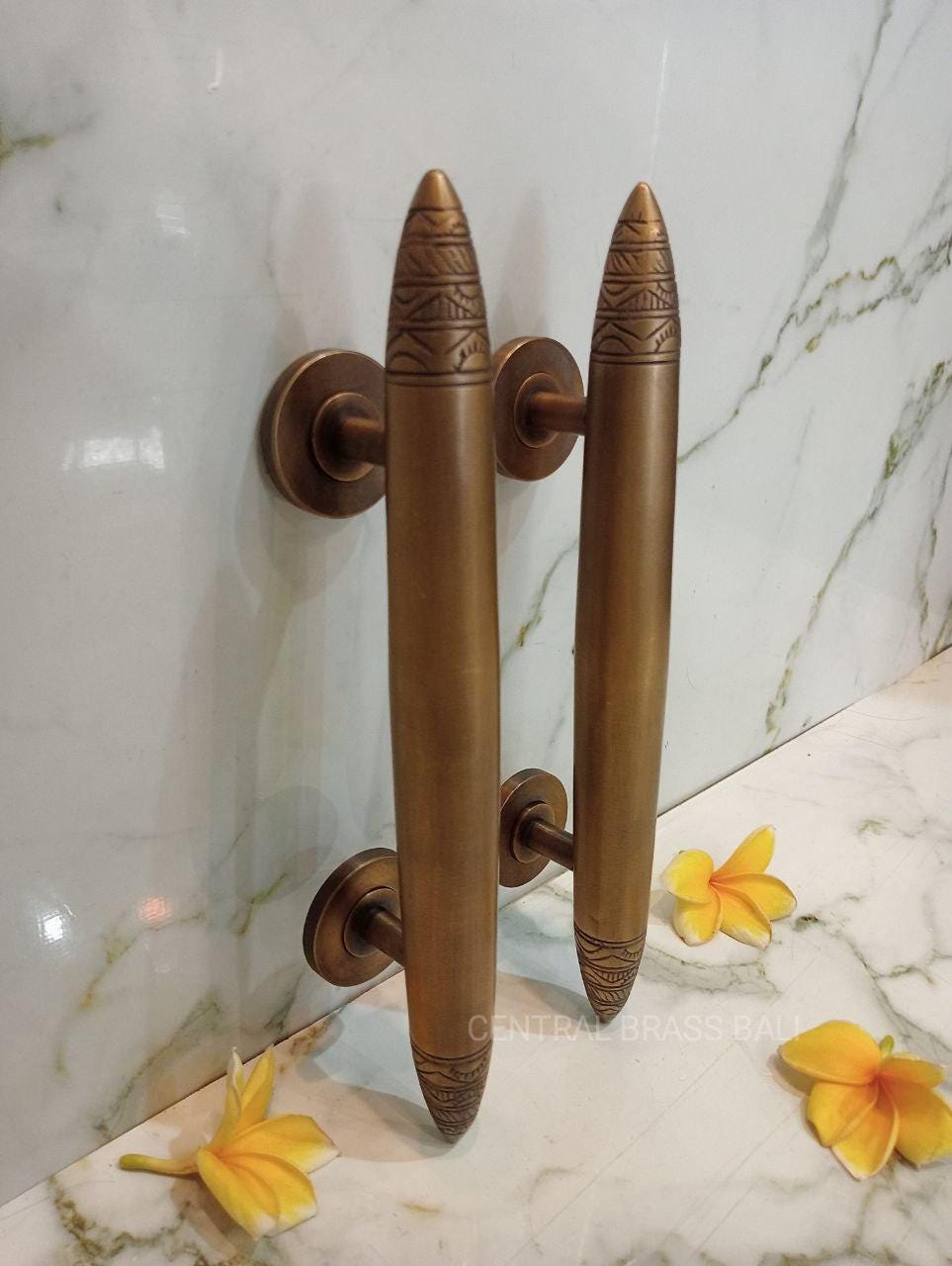 Vintage Bronze Brass Door Handle Pull – Antique Engraved Main Entry Door Handle (Pair)