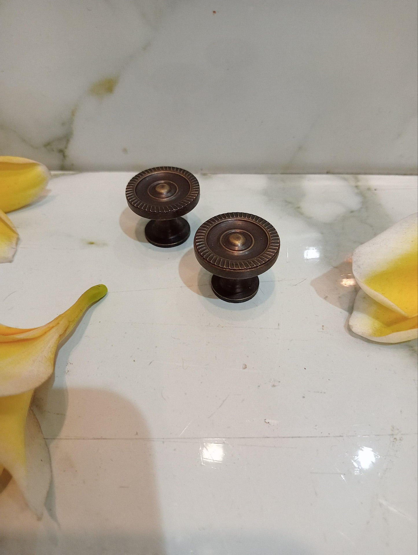 set of 10 Vintage Solid Brass Round Knobs | Antique Cabinet Hardware (No. 8)