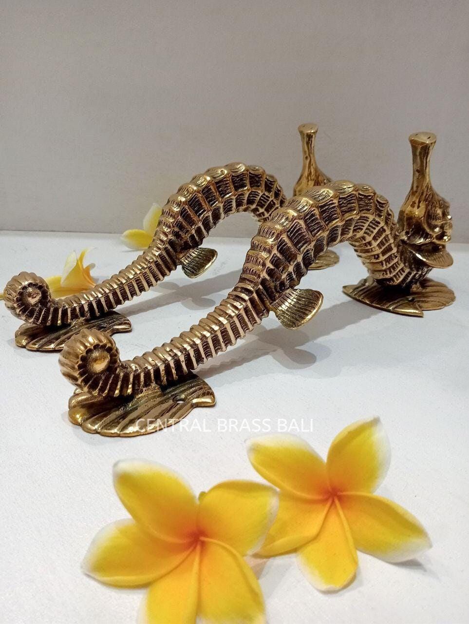 Pair of Seahorse Door Handles | Solid Brass Entry Door Pulls | Gold Front Door Handles | Coastal Nautical Main Entrance Hardware