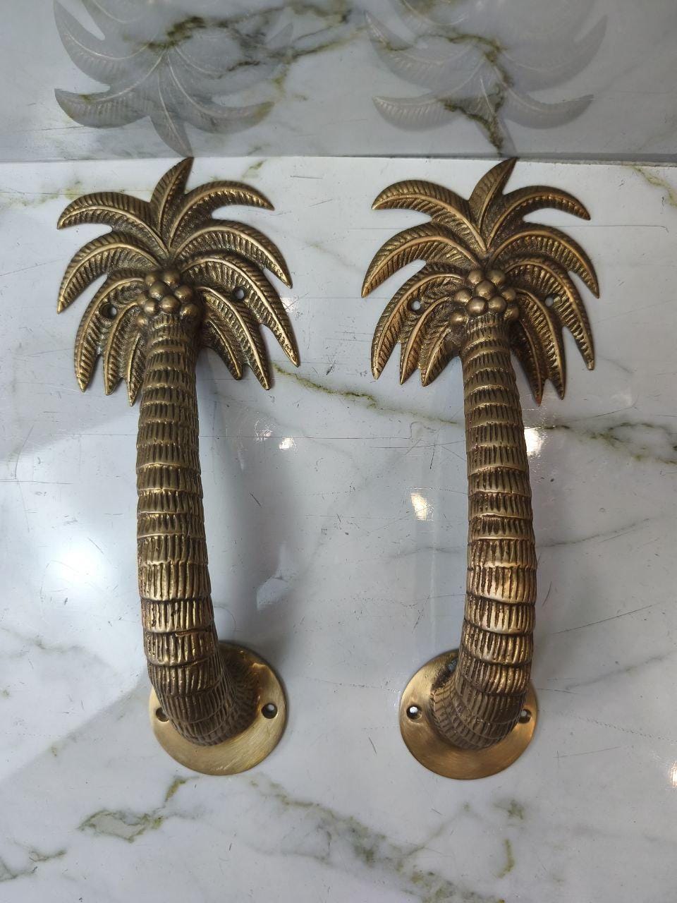 2pcs Palm Tree Solid Brass Door Handles, Tropical Front Entry Door Pulls, Coastal Beach House Hardware Decor (29cm)