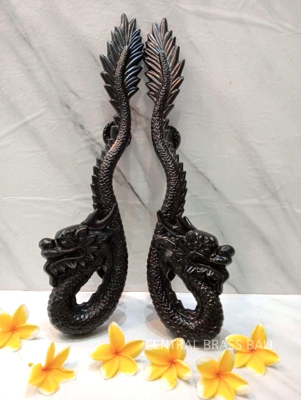 Pair Black Dragon Solid Brass Door Handle Set | Balinese Handcrafted Pull Handles | Gothic Entry Door Hardware | Luxury Furniture Pull
