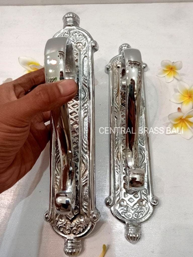 Silver Brass French Door Handles Pair, Classic Entry Door Pulls, European Style Hardware, Vintage Silver Finish, 11.81"
