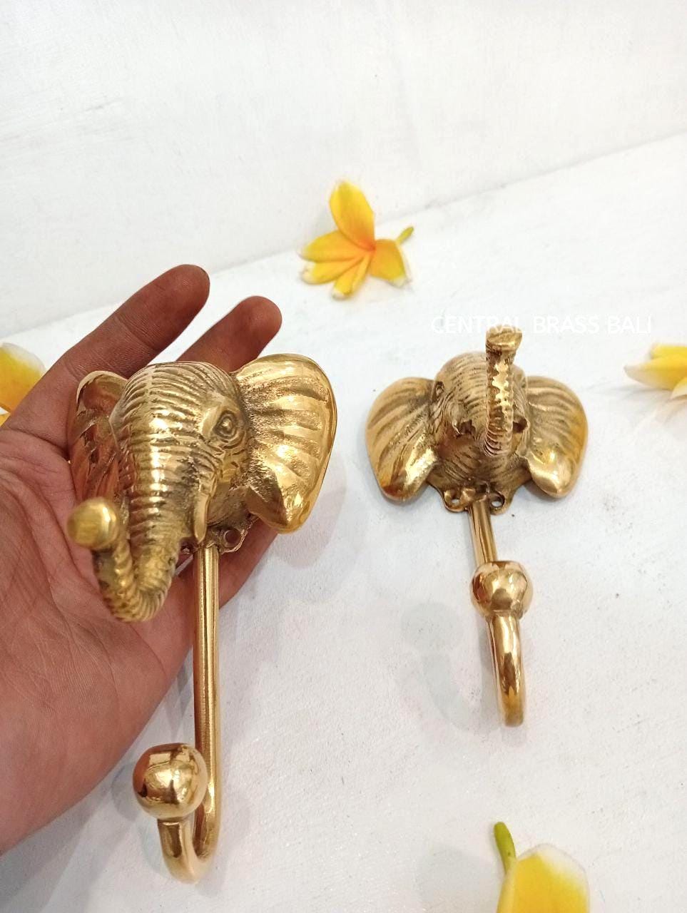 Set of 3 Solid Brass Elephant Head Wall Hooks, Gold Finish Animal Hooks, Safari Decor, Boho Coat Hangers, Tropical Home Decor