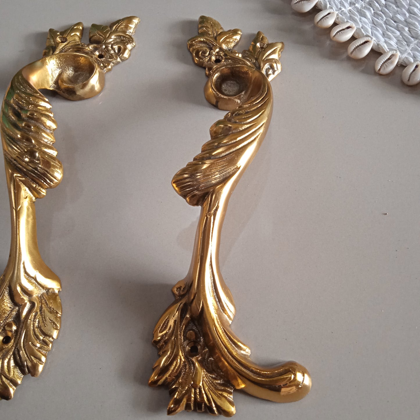 2 FRENCH style leaf pattern 11" inch 28 cm long Vintage Old Style Solid hand cast heavy hollow Brass Door Pull Handle Grab aged patina