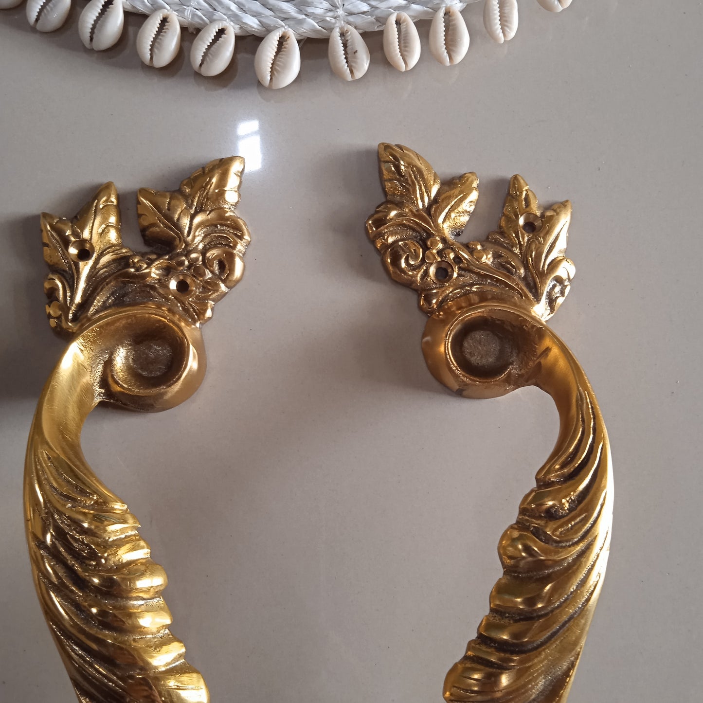 2 FRENCH style leaf pattern 11" inch 28 cm long Vintage Old Style Solid hand cast heavy hollow Brass Door Pull Handle Grab aged patina