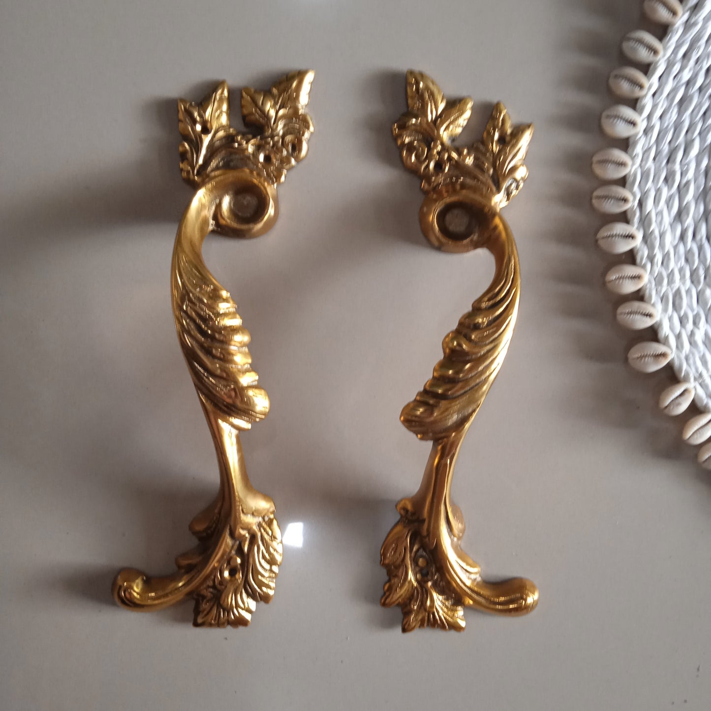 2 FRENCH style leaf pattern 11" inch 28 cm long Vintage Old Style Solid hand cast heavy hollow Brass Door Pull Handle Grab aged patina