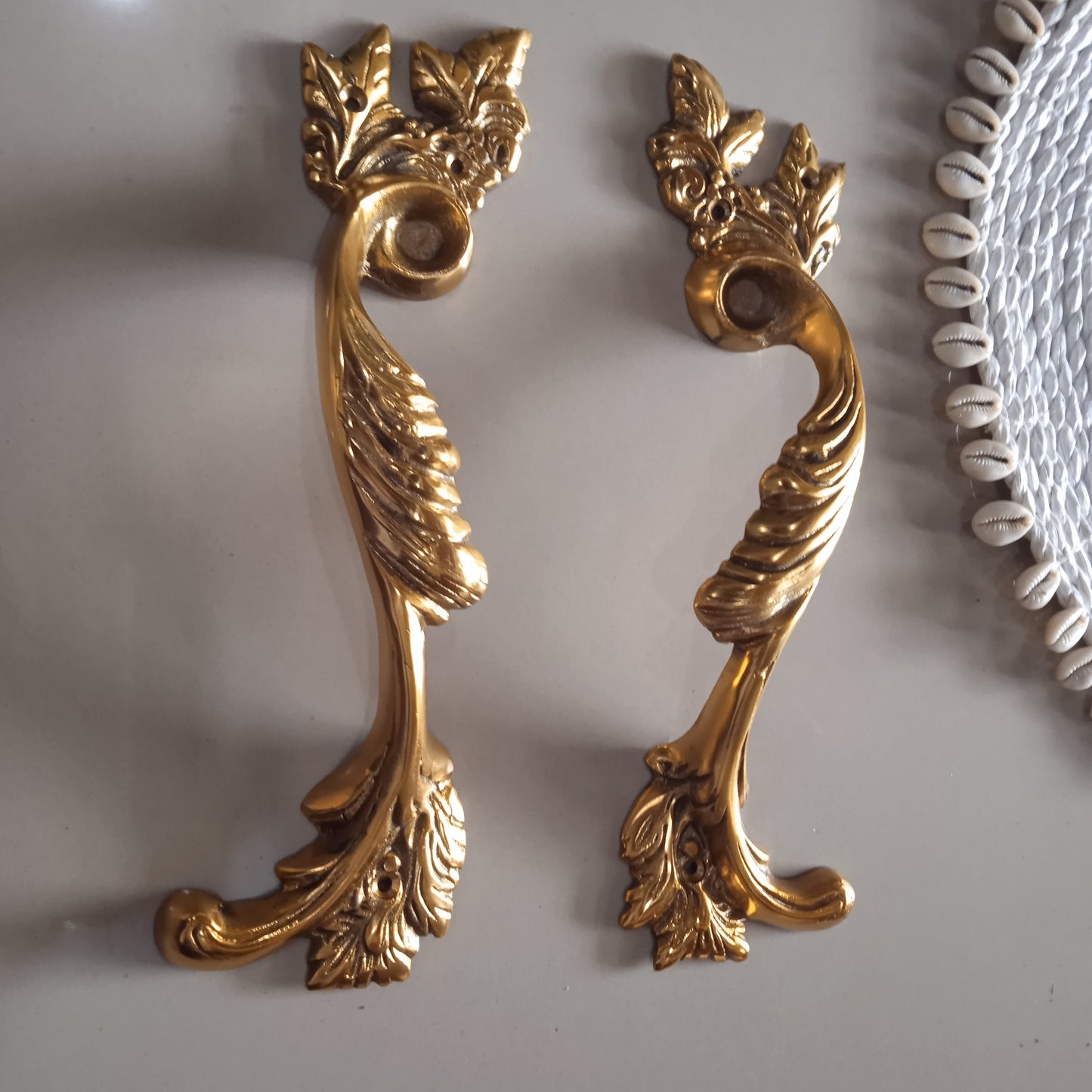 2 FRENCH style leaf pattern 11" inch 28 cm long Vintage Old Style Solid hand cast heavy hollow Brass Door Pull Handle Grab aged patina