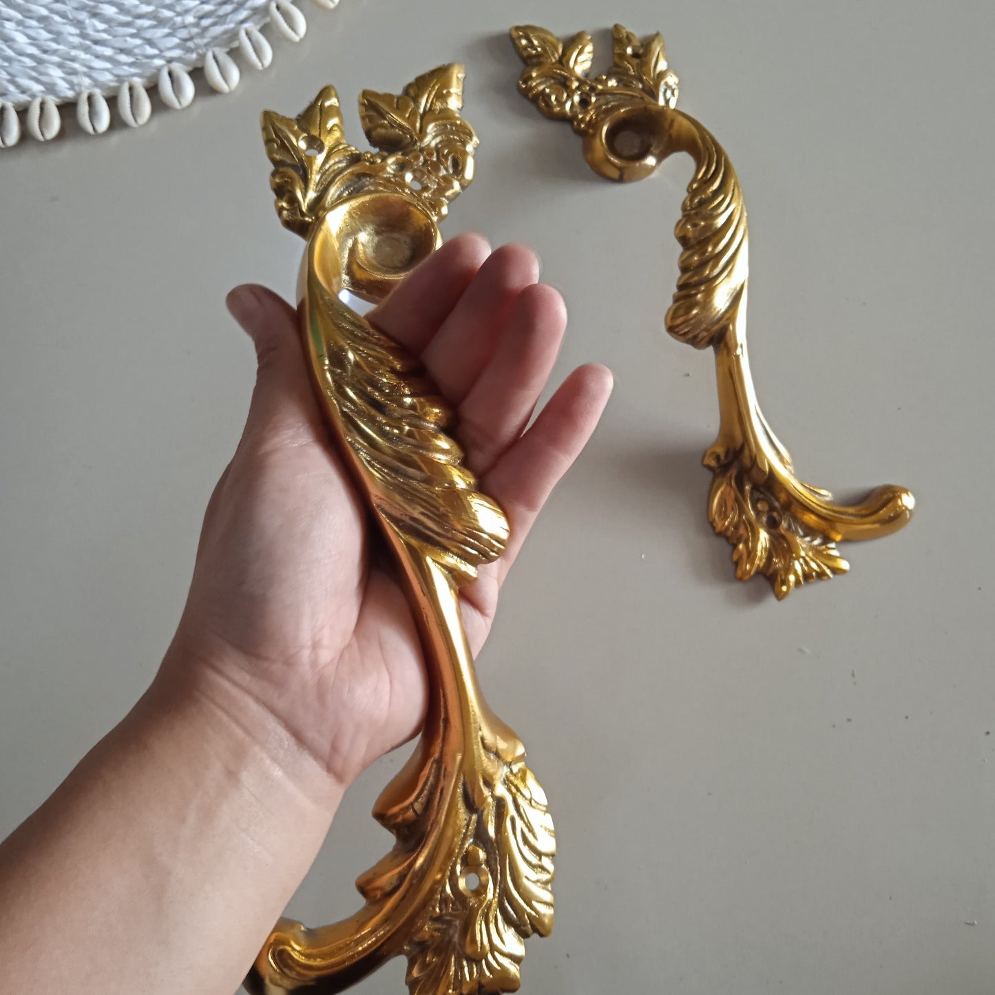 2 FRENCH style leaf pattern 11" inch 28 cm long Vintage Old Style Solid hand cast heavy hollow Brass Door Pull Handle Grab aged patina