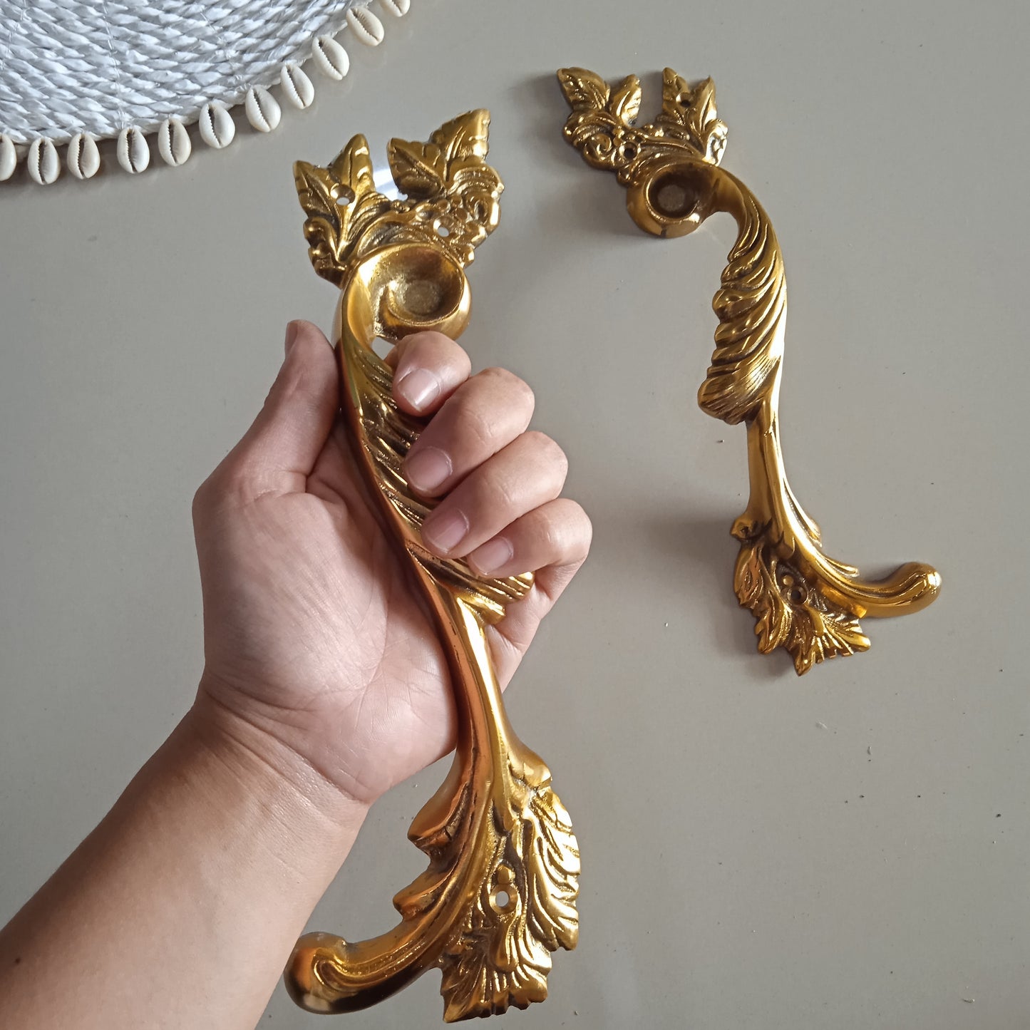 2 FRENCH style leaf pattern 11" inch 28 cm long Vintage Old Style Solid hand cast heavy hollow Brass Door Pull Handle Grab aged patina