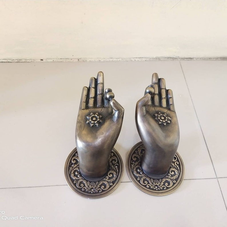 2 Rare Large Beautiful Buddha Gyan Mudra Hand shape hold small ball Handles Aged Brass Patin