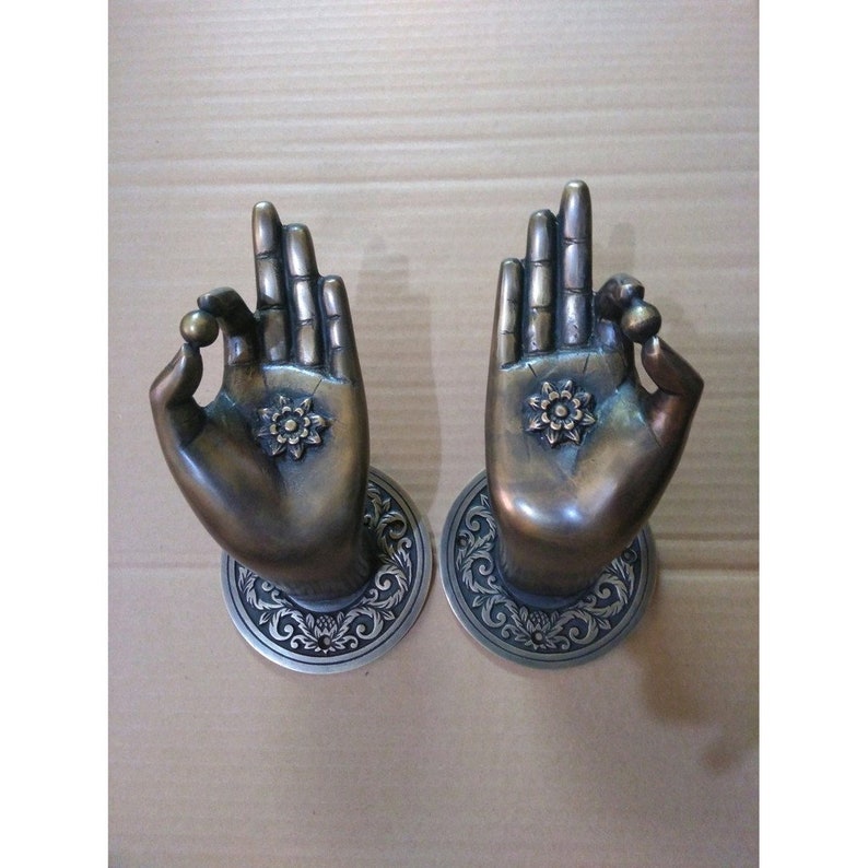 2 Rare Large Beautiful Buddha Gyan Mudra Hand shape hold small ball Handles Aged Brass Patin