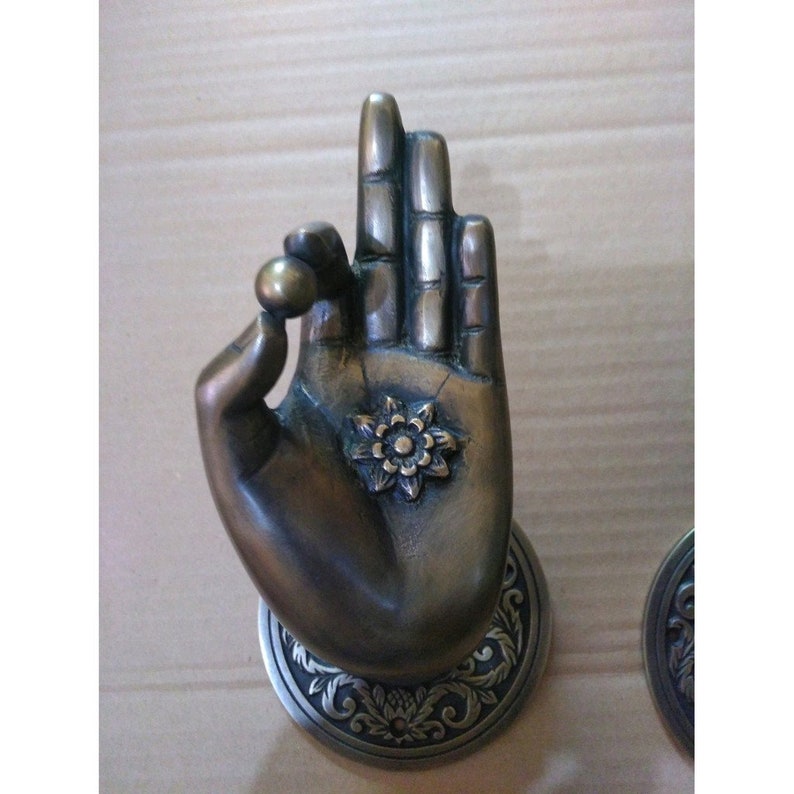 2 Rare Large Beautiful Buddha Gyan Mudra Hand shape hold small ball Handles Aged Brass Patin