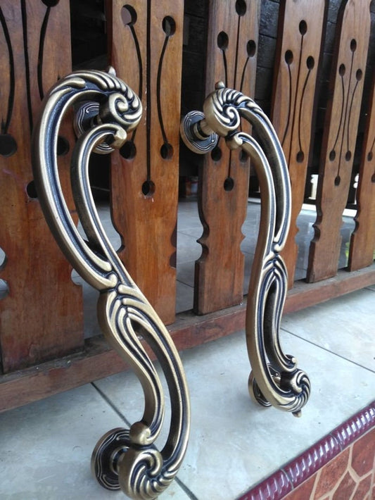 43cm Vintage Ornate Wavy Brass Door handle, set of 2Pcs, a pair, (Hollow on the Back)