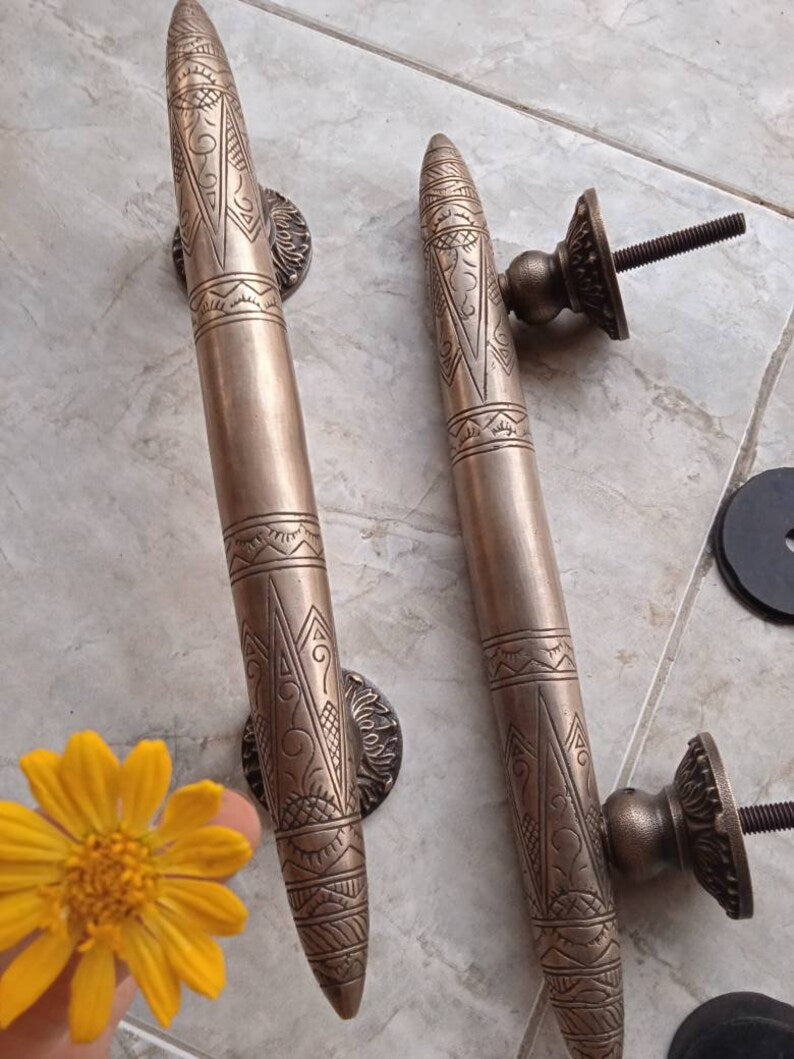 14.6" Pair / 2 Pieces Solid Brass Art Deco Tapered Horns Door Pull Handle | Cabinet Drawer Dresser Handle Pulls , Glass Door Handles, handle