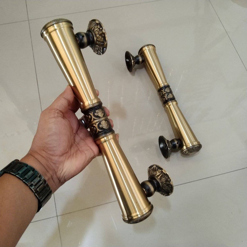 33 cm Pair of Handle Godo Polis Ukir Main Entry Pull handle Brass For front Door