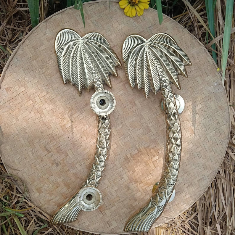 2x Pcs 15.74'' solid brass PALM brass door handle, Brass door pull | Bohemian Brass Door handle | Tropical Style Door accessories