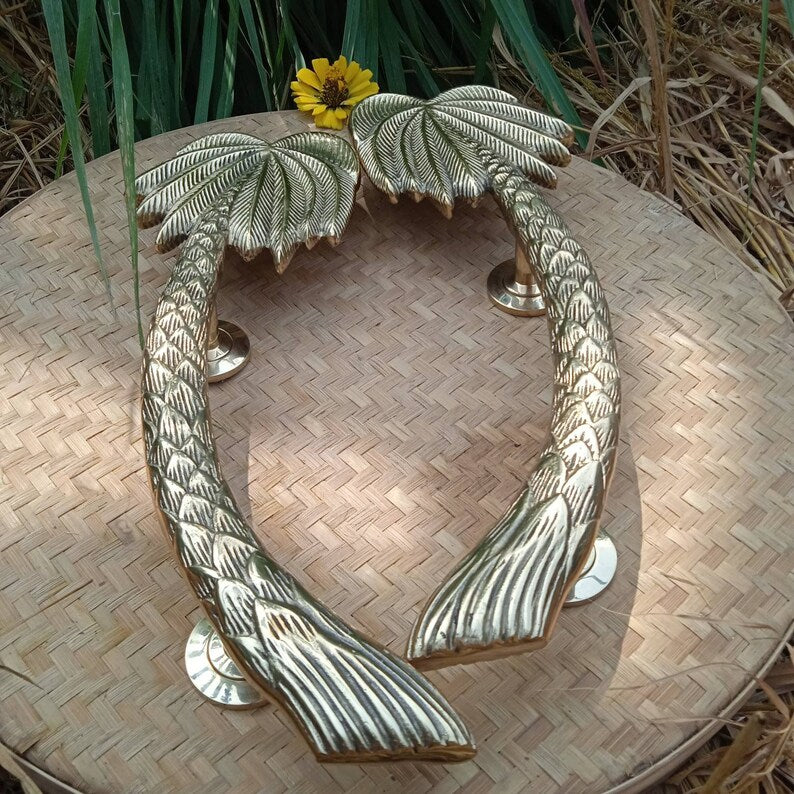 2x Pcs 15.74'' solid brass PALM brass door handle, Brass door pull | Bohemian Brass Door handle | Tropical Style Door accessories