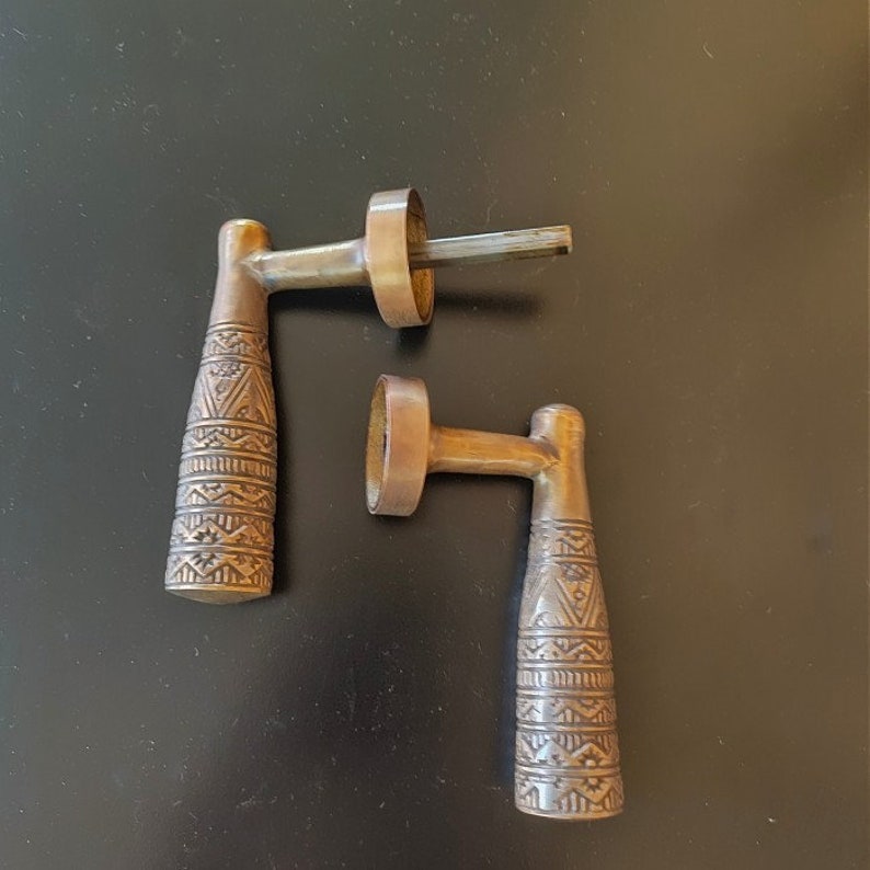 2x pcs Crank egypt carved vintage antique brass door handle | brass door pull, brass door handle, unique door handle, vintage door handle