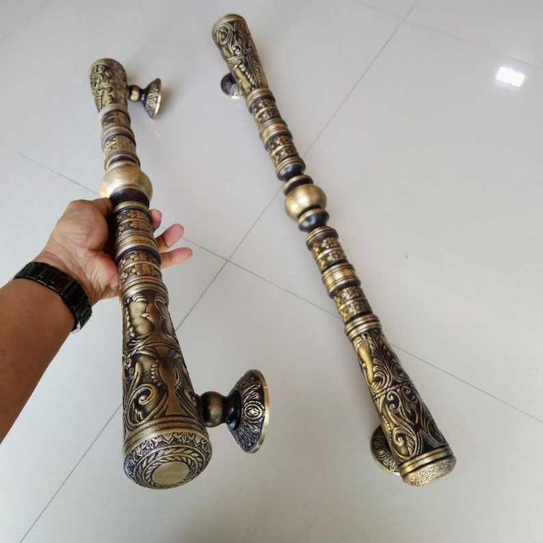2x pcs 75 cm Pair/2Pieces Long carved GADA main entry door pull handle for front door solid Brass | Brass door pull | brass door handle CW75