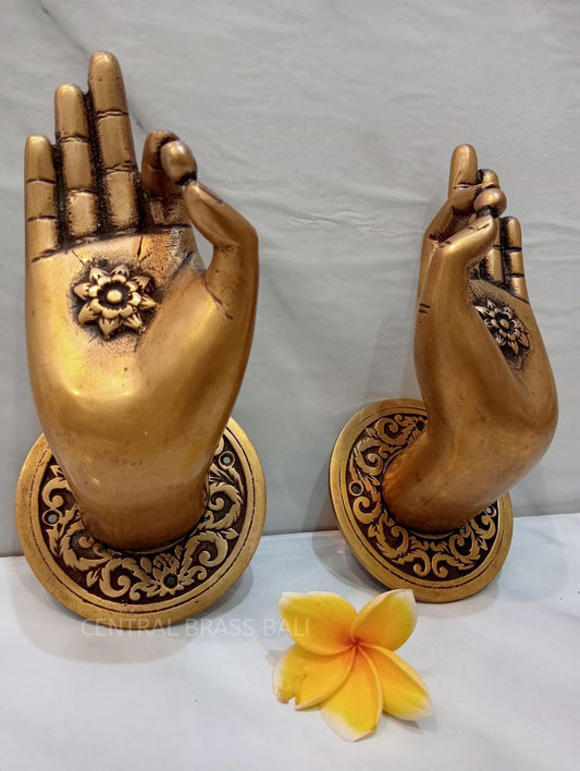 2 Rare Large Beautiful Buddha Gyan Mudra Hand shape hold small ball Handles Aged Brass Patina Knob 10cm back plate Heavy| HAND shaped handle