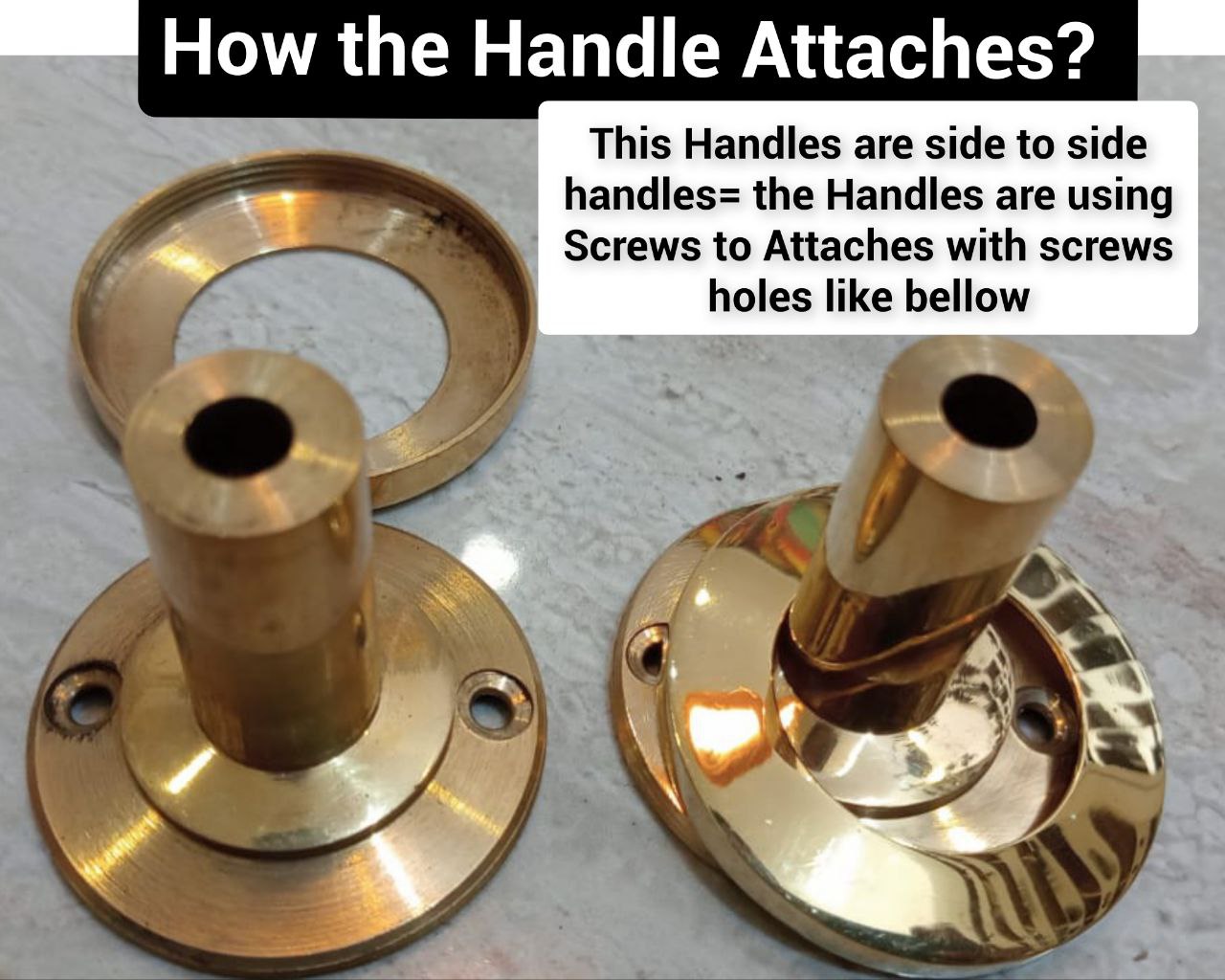Mounting post and screw detail of the solid brass door pull handle, polished gold brass hardware that attaches with screws for easy installation on wooden front doors and double doors