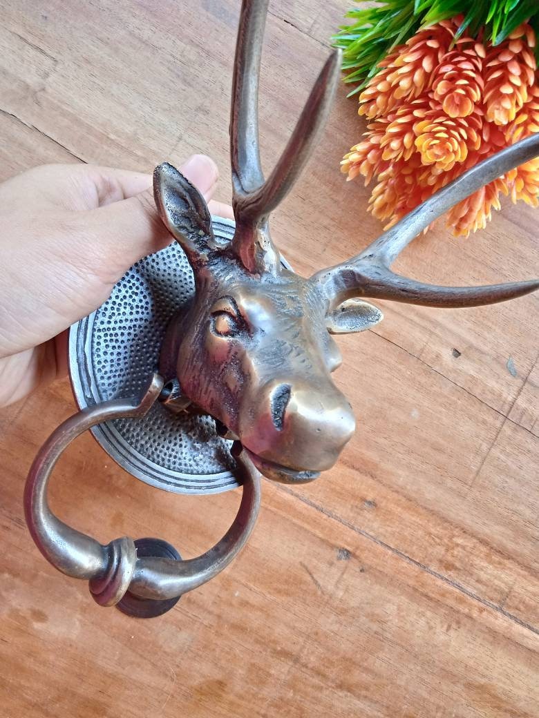 Large Solid Brass Deer Head Door Knocker, Vintage Style