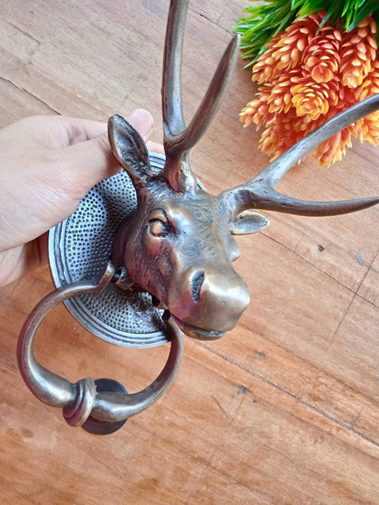 Large Solid Brass Deer Head Door Knocker, Vintage Style