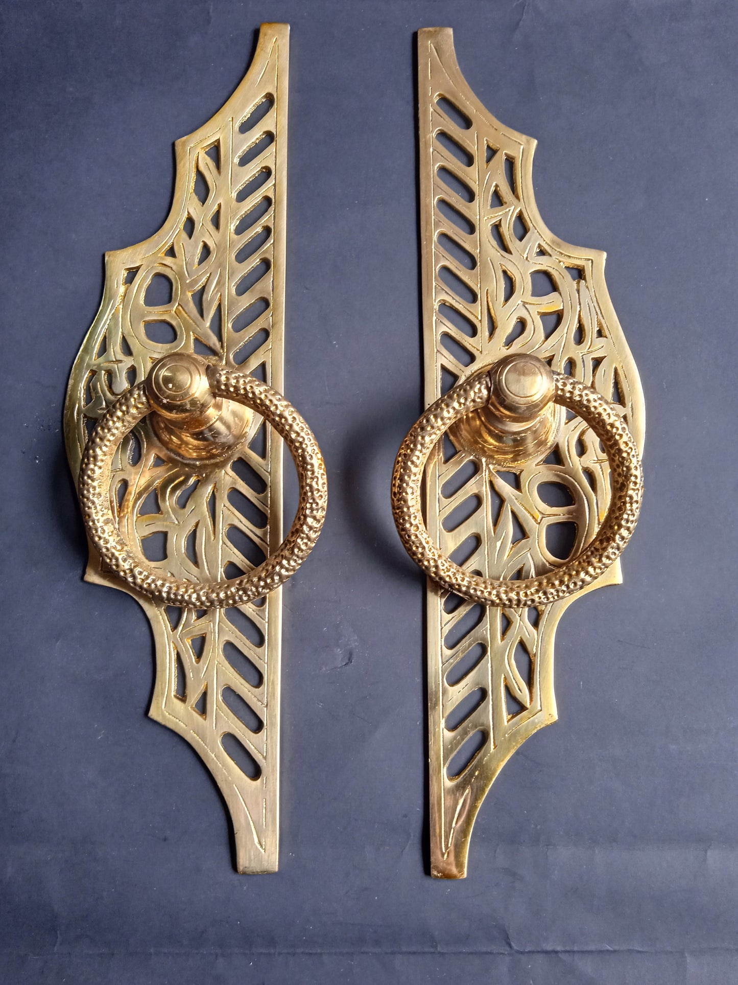Antique Brass Double Door Ring Pull Handles | Front Entry Main Door Handle Set | Vintage Balinese Brass Hardware