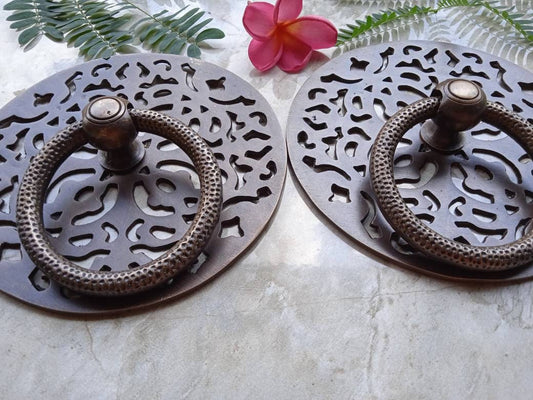 Pair Vintage Brass Round Pull Rings, Antique Door Handle Knobs, Circular Cabinet Pulls, Rustic Brass Hardware, 5.51"