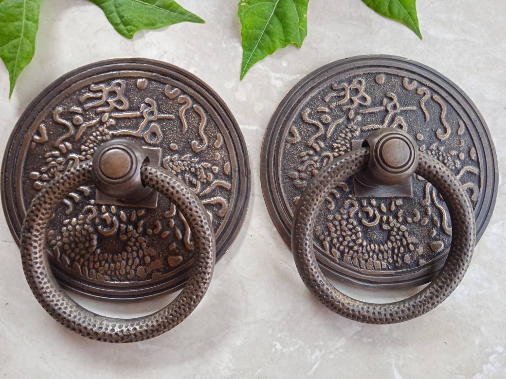 2pcs Vintage Brass Door Pull | 4.0" Round Cabinet Knob with Dragon Design